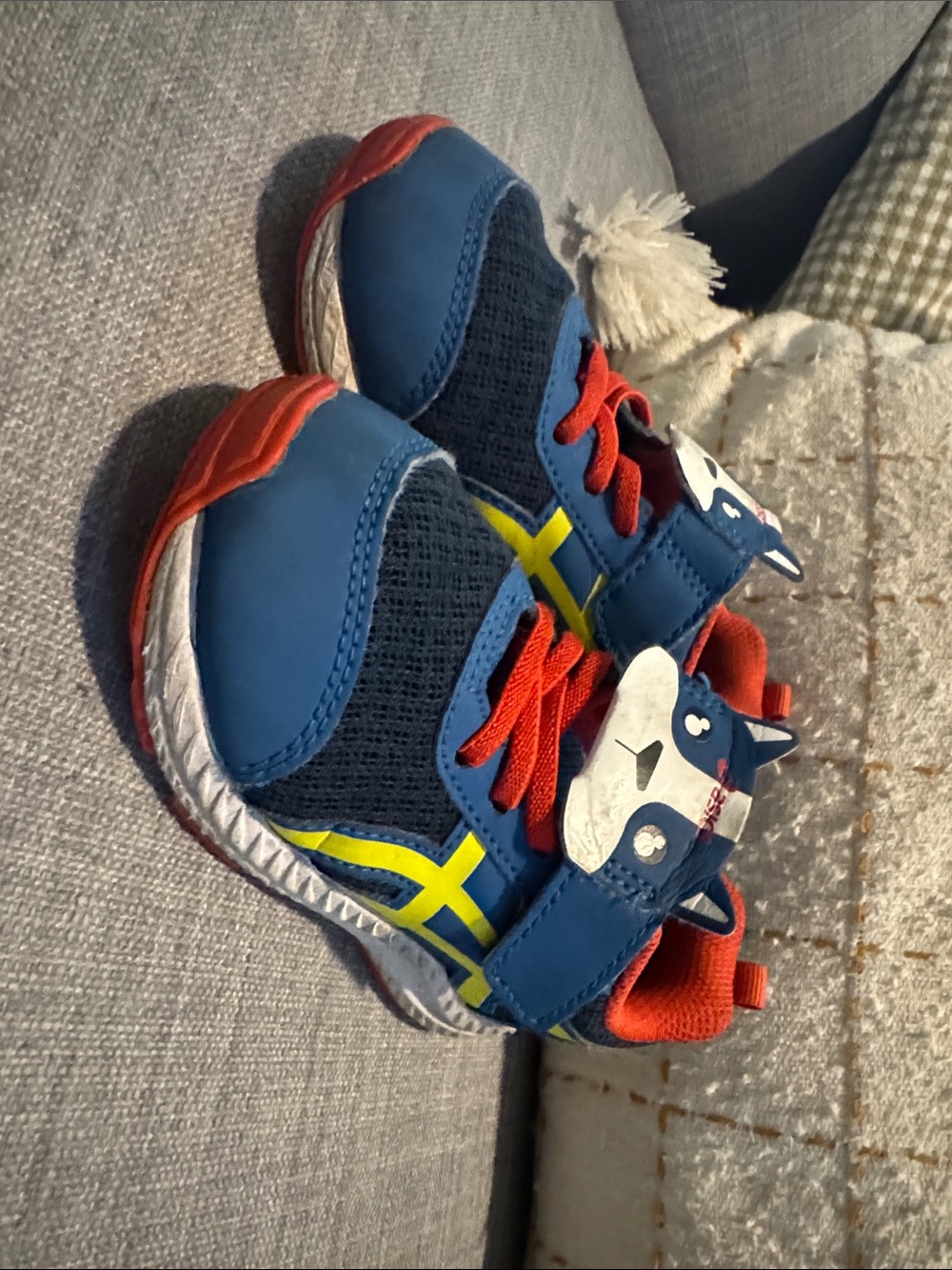 Asics Kids Blue Sneakers with Red Laces and Yellow Accent